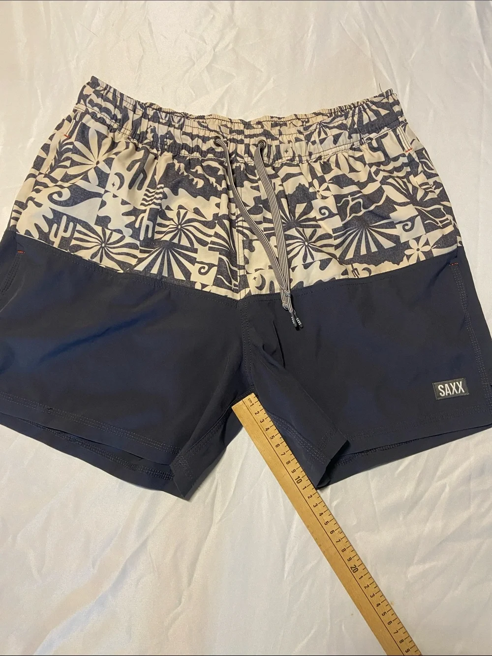 Saxx Men's Navy Swim Trunks with Cream Patterned Waistband